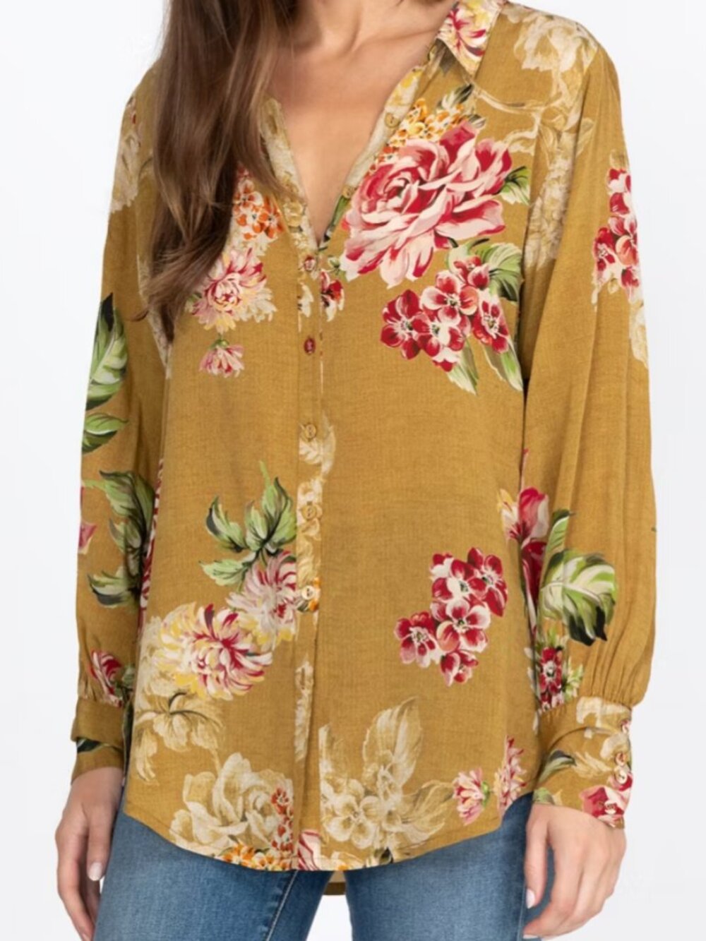 Johnny Was Mustard Yellow Vintage Rose Floral Yrene Silk Long Sleeve Blouse